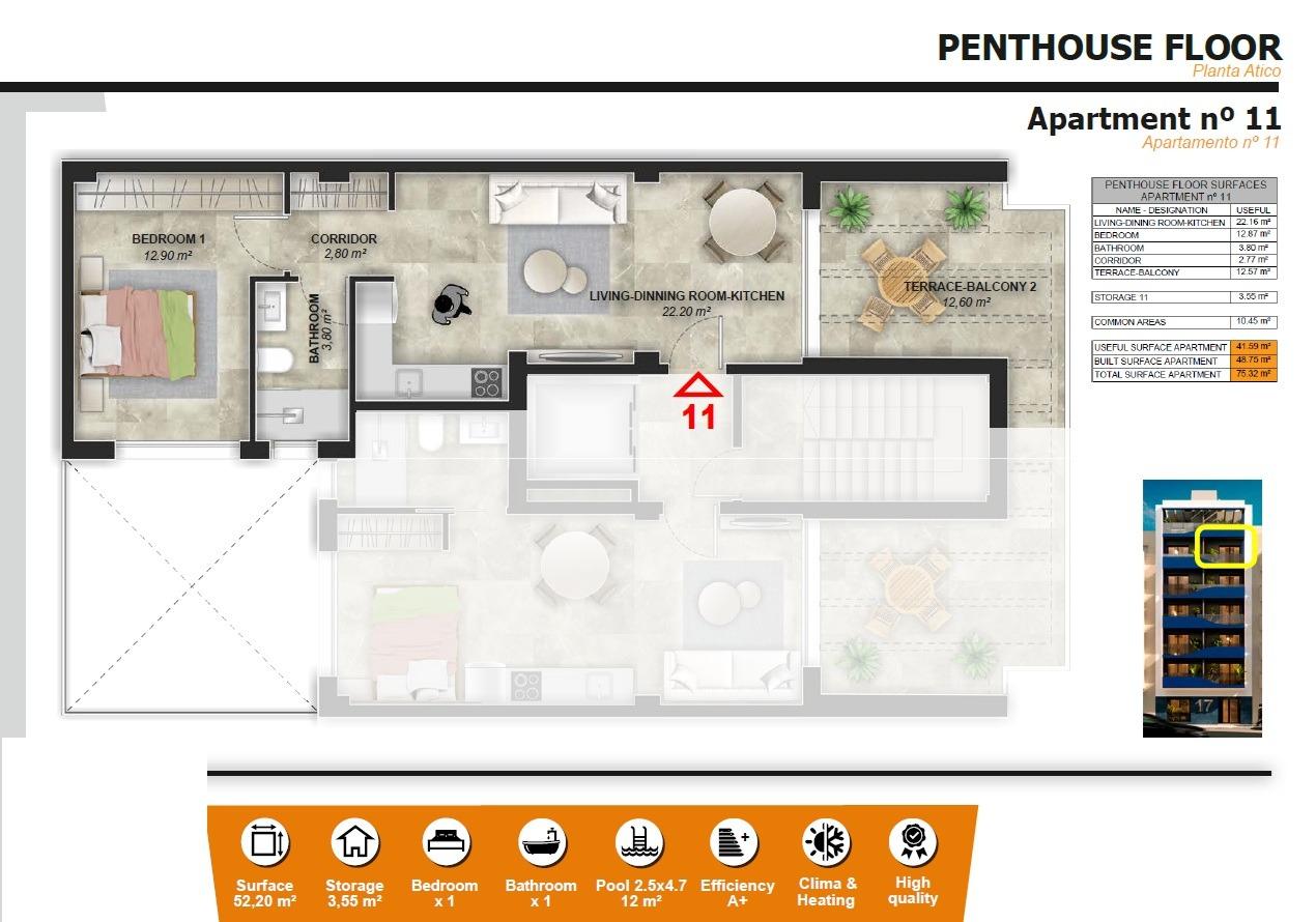 For sale - 1 Bedroom 1 Bathroom Penthouse in Torrevieja - Playa del Acequión  - Alicante